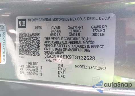 2026 Chevrolet Silverado 1500 2Wd Long Bed Wt z USA, uszkodzony, nr VIN 3GCNAAEK9TG132628